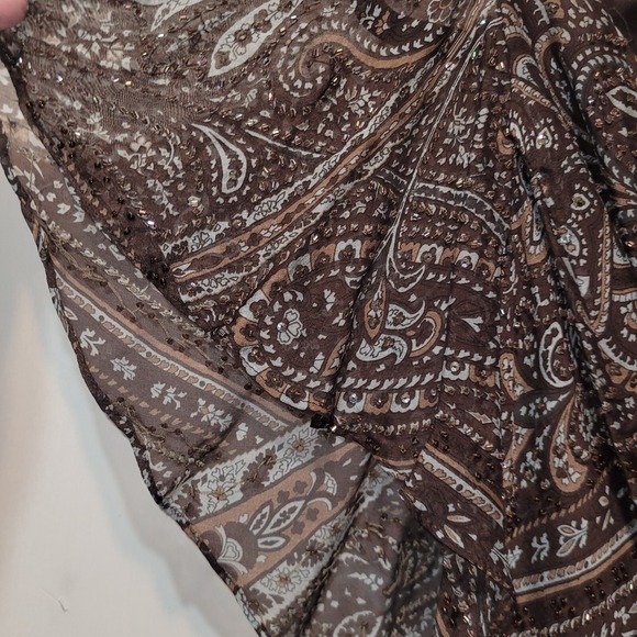 CARMEN MARC VALVO Silk Beaded Blouse Women's 10 Brown Blue Draped Neck Lined - Picture 4 of 15